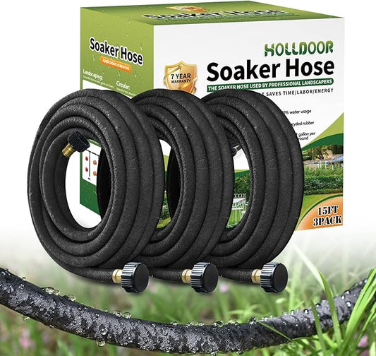 3 Pack Short Soaker Hose 15 Ft for Garden Beds, 1/2โโ 50 ft Soaker Hose for Foundation Watering, 70% Water Saving Drip Hose Irrigation for Lawn, Landscaping, Garden (15 FEET x 3PACK, Black)
