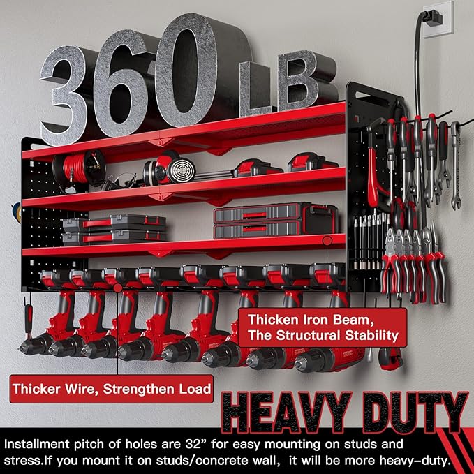 Power Tool Organizer Wall Mount with Charging Station,Cordless Tool Organizer 8 Drill Holder, 4 Layer Storage Rack for Garage Organization,Tool Holder with 8 Outlet Power Strip (Red)
