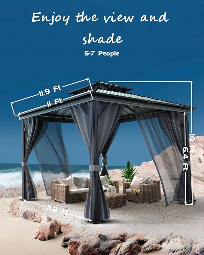 12x12 Ft Hardtop Gazebos with Heavy Duty Double Roof, Nettings and Curtains Galvanized Steel Outdoor Gazebos for Patio, Backyard, Deck, Lawn (Gray)