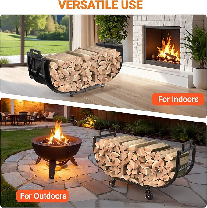 32 Inch Firewood Rack with Wheels & Removable Canvas Carrier, Indoor Outdoor Log Holder, Heavy-Duty Fireplace Wood Storage Rack