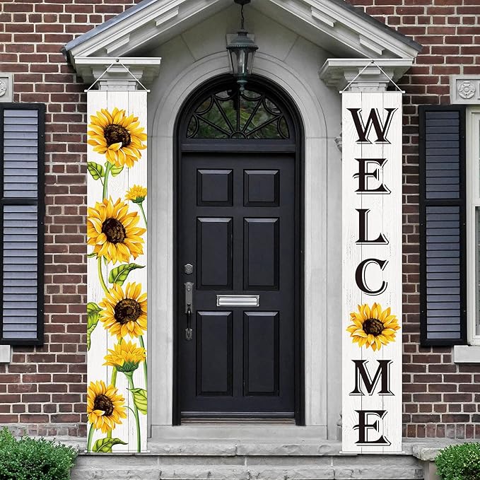 Tatuo Sunflower Welcome Hanging Banners Fall Porch Banners Flags Autumn Door Banner Thanksgiving Hanging Banner for Front Door Garden Home Yard Sunflower Party Decorations(White Background)