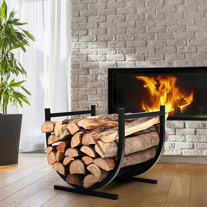 PHI VILLA 17 Inches Small Indoor/Outdoor Firewood Log Rack Log Hoop Bin Log Carrier for Firewood with Scrolls Fireplace Accessories,Decorative Black