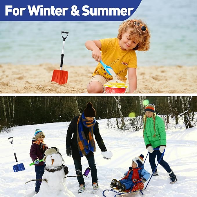 Kids Snow Shovel Snowman Maker Portable Snow Removal Winter Emergency Tools for Car Driveways Use with Extendable Handle Foam Grip Aluminum Wear Strip