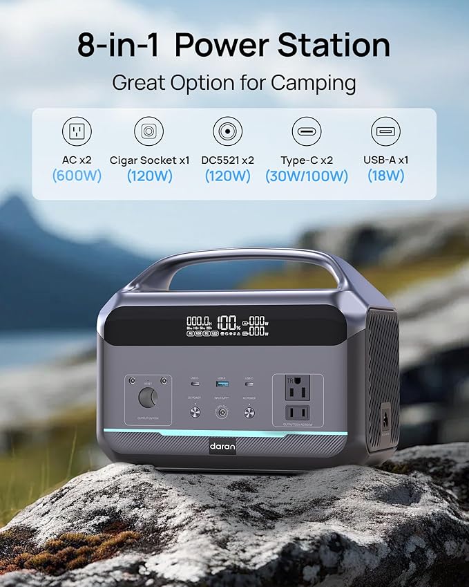 Portable Power Station, Outdoor 288Wh(90,000mAh) LiFePO4 Battery, 600W(1200W Surge) AC Outlets, 1.7H Fast Charging Solar Generator for Camping, RV Travel, Home Use(Solar Optional)