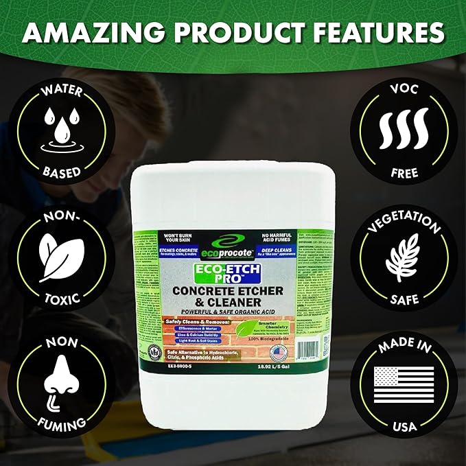 Eco Etch Pro Concrete Cleaner & Etcher Dissolver - Efflorescence, Rust & Dirt Remover from Brick, Driveway, Garage - Gentle Substitute for Citric Acid - Non-Toxic & Safe - 5 Gallon