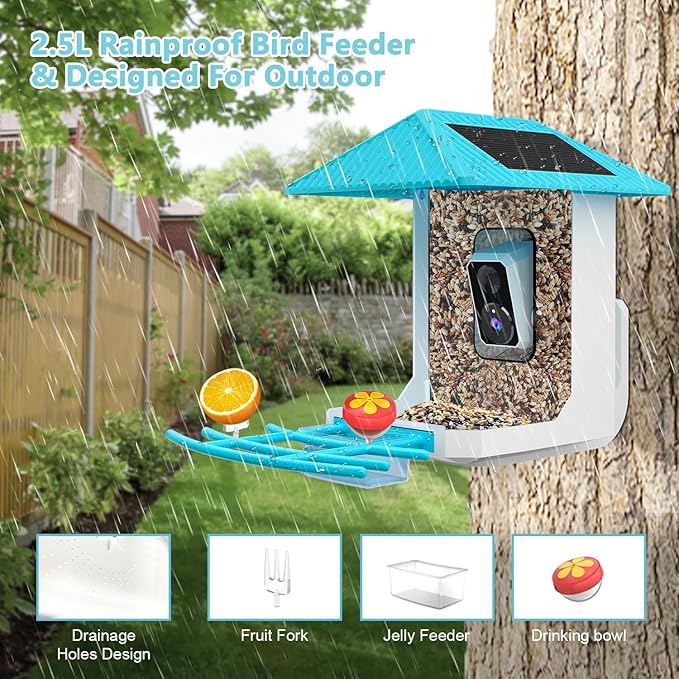 2.5K Smart Bird Feeder with Camera, 5GHz &2.4GHz Birds Watching Camera with AI Identify Bird Species, Outdoor Birds Feeder House with Solar Panel for BirdLovers (Blue)