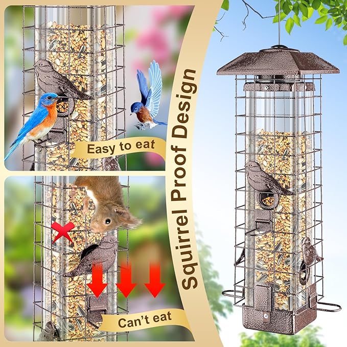 Squirrel Proof Bird Feeder for Outdoors Hanging, Gravity Protection Metal Wild Bird Feeder, 3LB Large Capacity, 4 Ports, Cardinal, Chickadee, Durable & Weatherproof, Ideal for Backyard