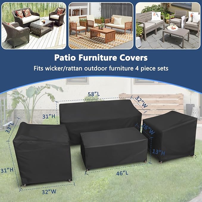 STARTWO Patio Furniture Covers 4 Piece Set, Heavy Duty Waterproof Outdoor Furniture Cover for Rattan Wicker Conversation Set,Black,Large