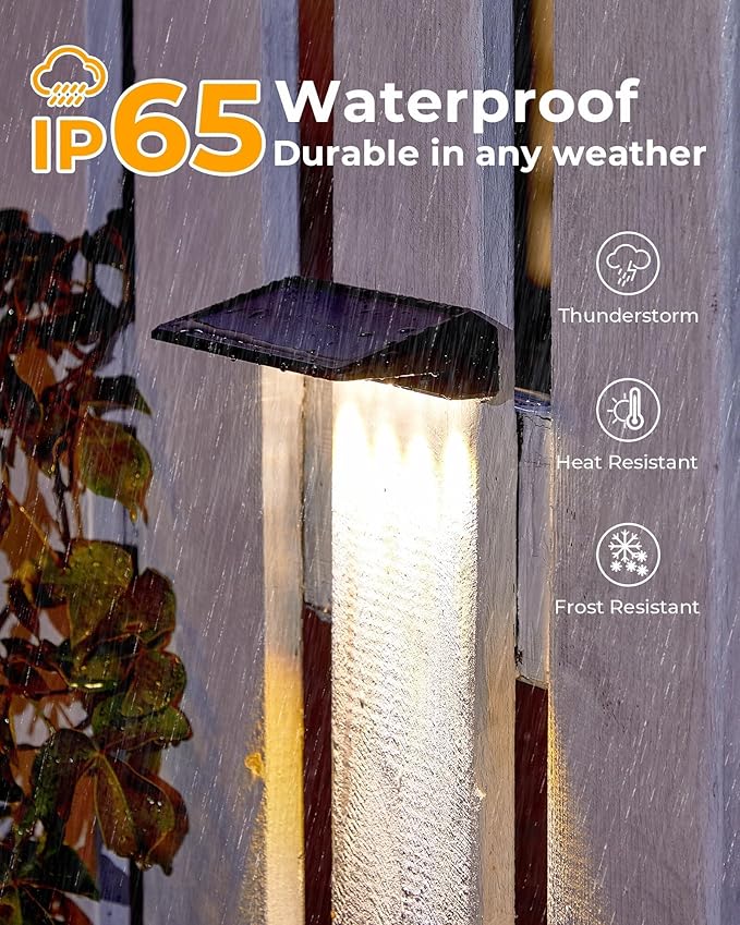 Solar Fence Lights Outdoor Waterproof LED,4LEDs Focus Lens Solar Wall Lights,Auto ON Off Warm White Outdoor Lights for Patio,Deck,Fence, Step,and Railing,Backyard Decor(4Pack)