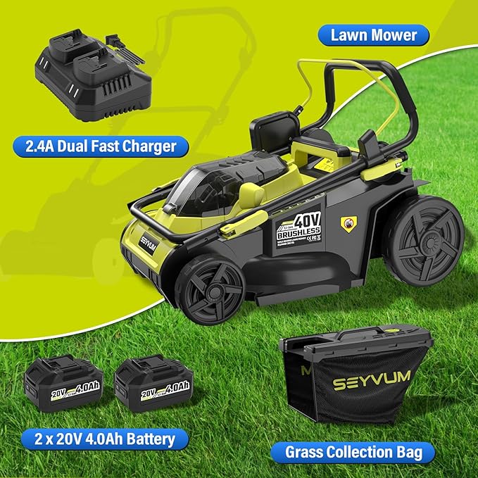 SEYVUM 40V 16-inch Cordless Lawn Mower with 45L Grass Collection Bag, 6 Position Height Adjustment Electric Lawn Mower, 20V 4.0Ah Battery Powered Push Lawnmower, 2.4A Fast Charger Included