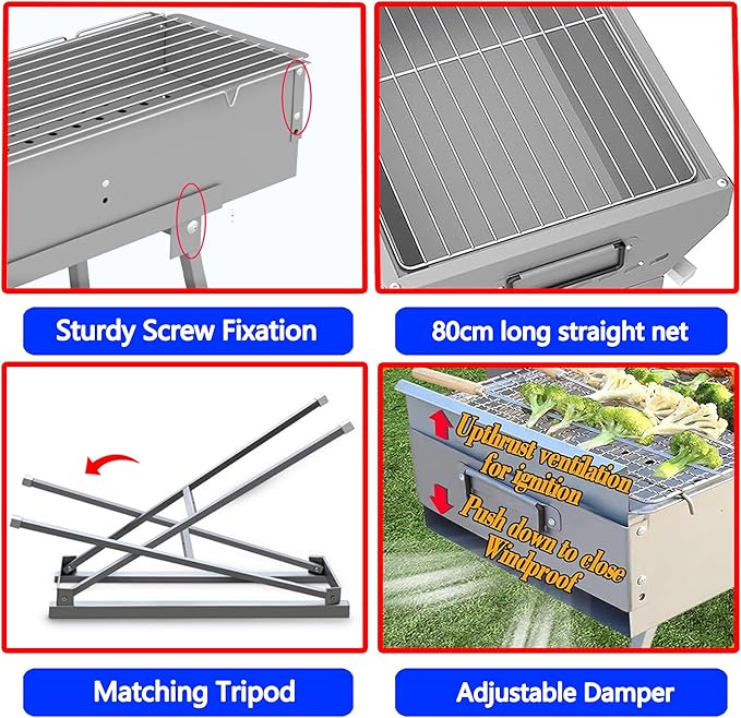 Portable Charcoal Grill, Stainless Steel BBQ Grill with Foldable Stand Adjustable Air Vents, Kebab Skewer BBQ Barbecue Grill Kit for Garden Backyard Party Picnic Travel Outdoor Use (31.6x7.1inch)