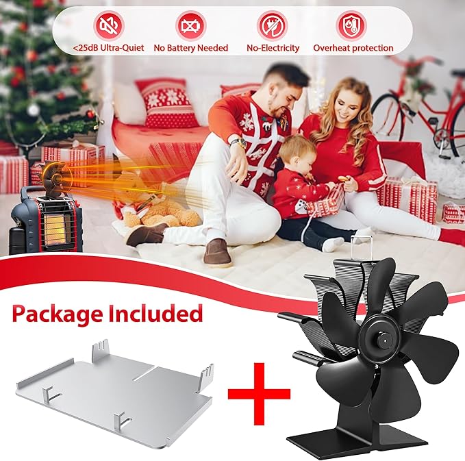 Wood Stove Fan Heat Powered: Fireplace Fan with Bracket Tray Fixed on Propane Heater - 6 Blades Thermal Fan for Log/Electric Wood Stove Burner Hot Tent Camping/Picnics/Indoor Use