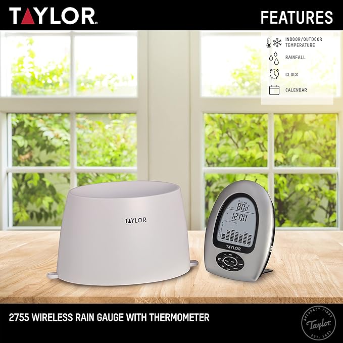 Taylor Wireless Digital Rain Gauge and Thermometer, Measure and Monitor Precipitation, Indoor Outdoor Thermometer, Easy-to-Read Display for Home, Office, Greenhouse, and Indoor Areas, 5-inch, White