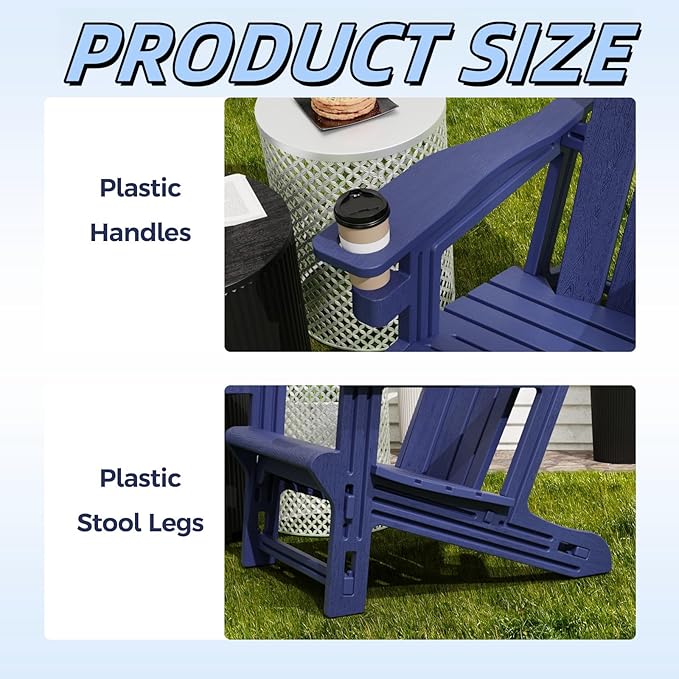 Adirondack Chair Set of 2, Plastic Adirondack Chairs, Outdoor Weather Resistant Lawn Furniture, Fire Pit Chair with Cup Holder for Garden Patio Without Screws Install, 400 LBS Capacity, Navy Blue
