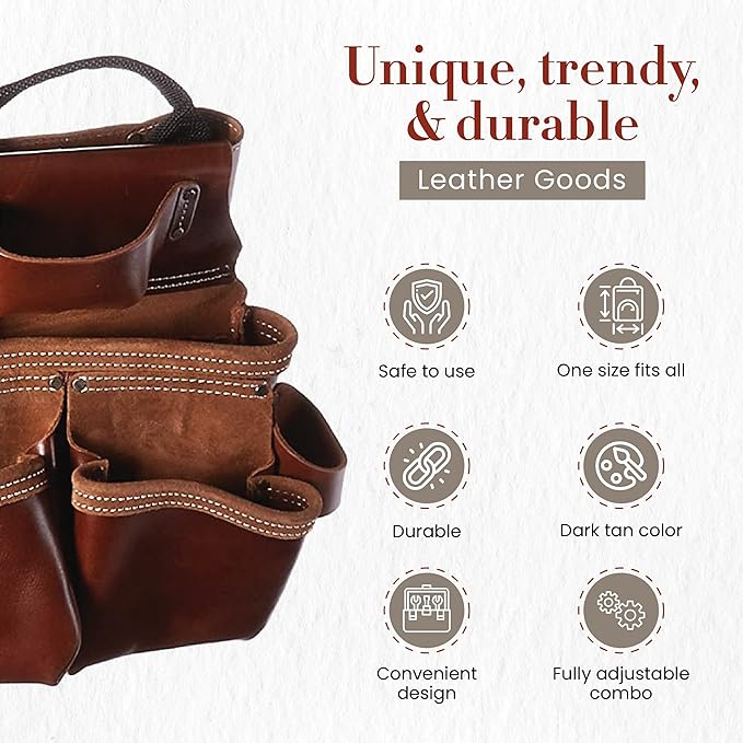 Style n Craft - 4 Piece and 19 Pockets Pro Framer’s Combo, Tool Belt with 2 Tool Pouches and 1 Pliers and Hammer Holder, Full-Grain Leather Carpenter Tool Belt Combo, Dark Tan (98444)