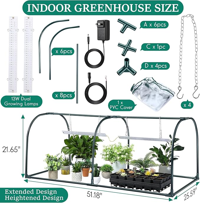 Meonum Indoor Greenhouse with Grow Lights, 51.18 "L x 25.59" W x 21.65" H Small to Medium Portable Greenhouse with 13W Dual Growing Lamps, PVC Film, Timing Function, for Seed Starting