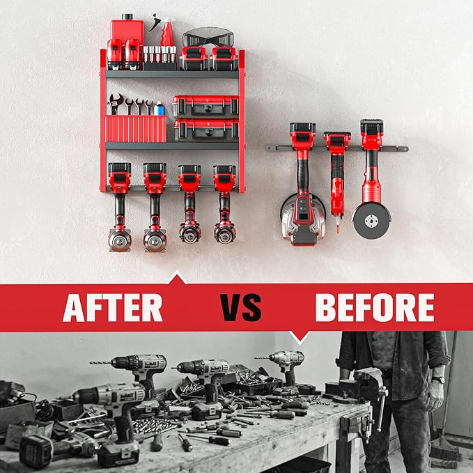 Power Tool Organizer Wall Mount with Extra Drill Holder, Red & Black Garage Storage Combo with Battery Storage, 4 Drill Slots Total, Heavy Duty Steel Tool Rack for Workshop Garage