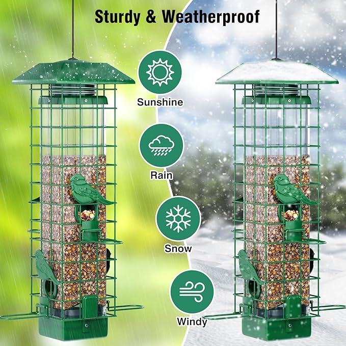 Squirrel Proof Bird Feeder, Metal Bird Feeders for Outdoors Hanging, Weight Activated, 3Lb Capacity, 4 Ports, All-Weather Tube Bird Feeder for Outside, Cardinal Finch Bluebird Wild Bird Feeder