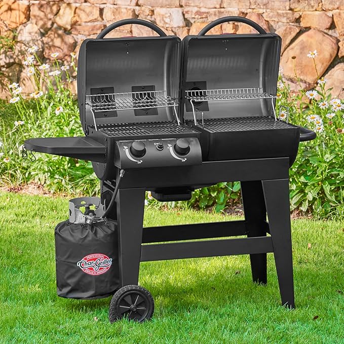 Char-Griller E5030 Dual Function 2-Burner Gas & Charcoal Grill, Black & E82424 Smoker Side Fire Box Portable Charcoal Grill, Black