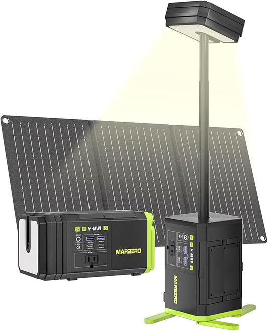 MARBERO 118Wh Solar Generator with Telescopic Camping Lights 32000mAh 160W Max Portable Power Station with Solar Panel Included 30W AC Outlet USB DC Output for Camping Hiking Emergency