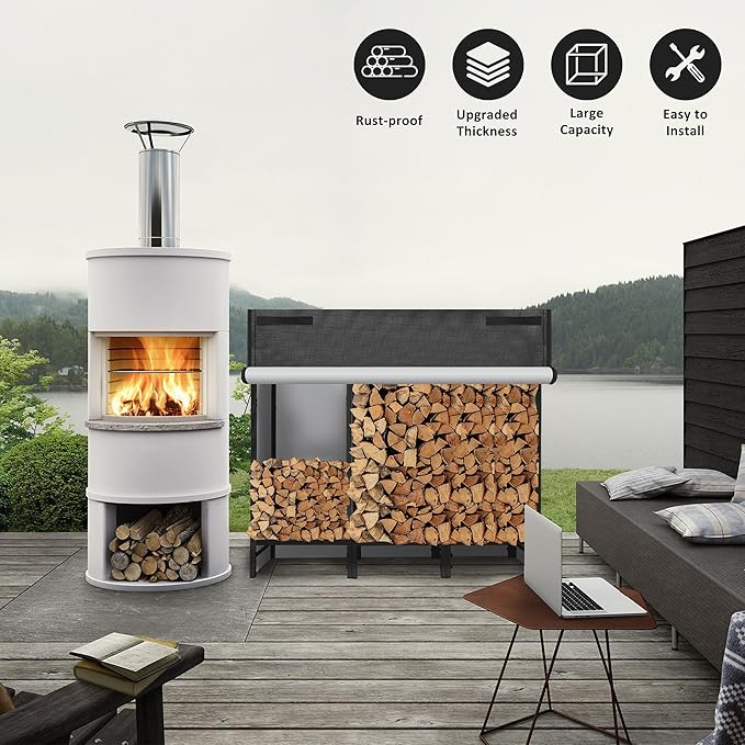 KYATE 4ft Firewood Rack Outdoor with Cover Fireplace Wood Storage Heavy Logs Stand Stacker Holder Strong Lumber Racks Outside for Courtyard Patio
