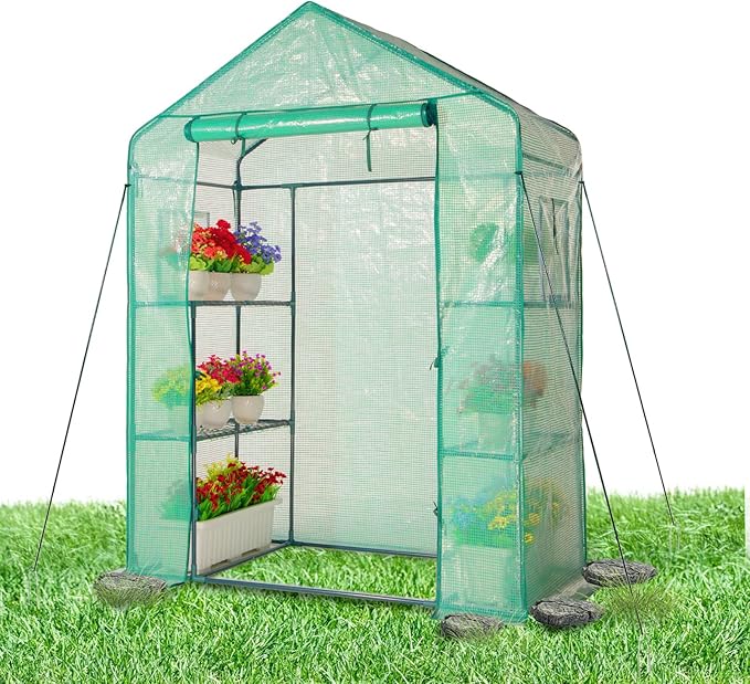 IDZO Walk in Greenhouse, Outdoor Greenhouse with Durable PE Cover & Sturdy Steel Frame for All Seasons, Convenient Rollable Door, Anchor & Rope Included for More Stable Stand, Easy to Install