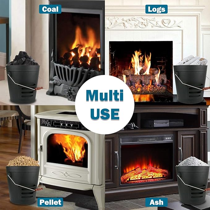 Uniflasy Ash Bucket with Lid, Shovel and Hand Broom, 5.2 Gallon Metal Coal Ash Bucket for Fireplace, Fire Pits, Wood Burning Stove, Ash Can with Lid fireplace Wood Stove Ash Fireplace Cleaning Tools