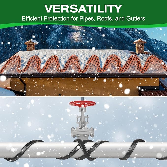 100FT Heat Tape for Water Pipes, -40°F Anti-Freeze De-Icing Heating Tape, Pipe Insulation Heating Cable for Insulation/Roof Snow Removal, Gutter Heating Cable, Heated Water Hose 120V 5W/ft