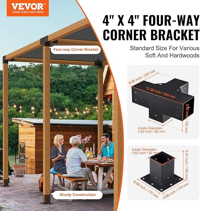 VEVOR Pergola Bracket Kit, 4x4 Inch (Inner Size 3.5x3.5), 2 Pcs 4-Way Heavy Duty Corner Bracket Woodworks DIY Post Base Kit, Easy Installation Wooden Beams for Gazebos, Patio Pergolas, Log Cabin
