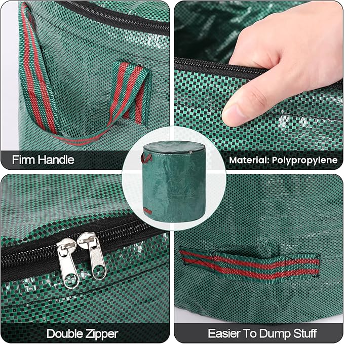 4 Pack 32 Gallons Reusable Yard Waste Bags with Zipper Lid Lawn Leaf Bags Heavy Duty with 4 Handles Garden Waste Bags Container for Clean Up Outdoor Debris Leaves Grass Clippings