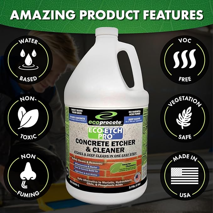 Eco Etch Pro Concrete Cleaner & Etcher Dissolver - Efflorescence, Rust & Dirt Remover from Brick, Driveway, Garage - Gentle Substitute for Citric & Muriatic Acid - Non-Toxic & Safe - 1 Gallon