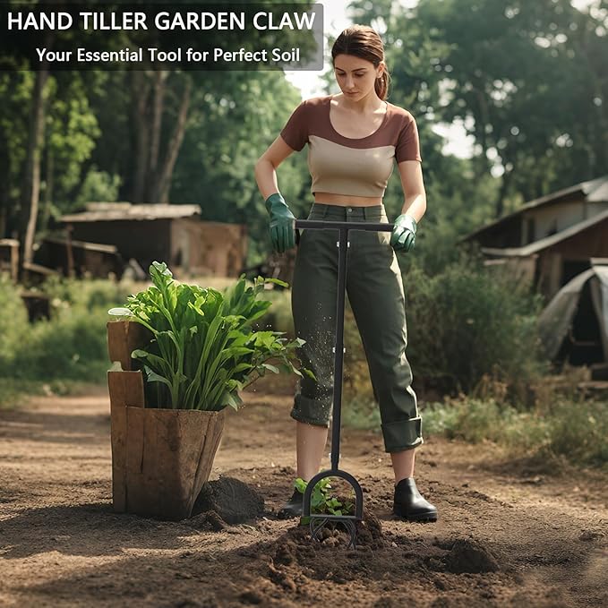 Hand Tiller Garden Claw, 4-Tine Twist Tiller Cultivator for Soil Loosening, Lawn Aeration, and Garden Bed Preparation - Durable, Adjustable, and Easy to Use Garden Tool