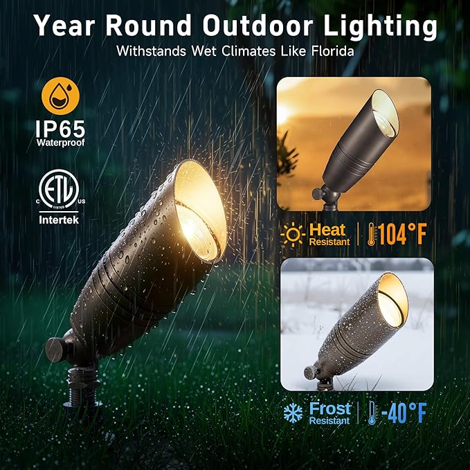 Brass Landscape Lighting - Low Voltage Spotlights Outdoor LED, 12V Wired Uplights, Waterproof Spot Lights, Bronze for Outside Trees with 5W 4000K Natural White MR16 Bulb (4 Pack)