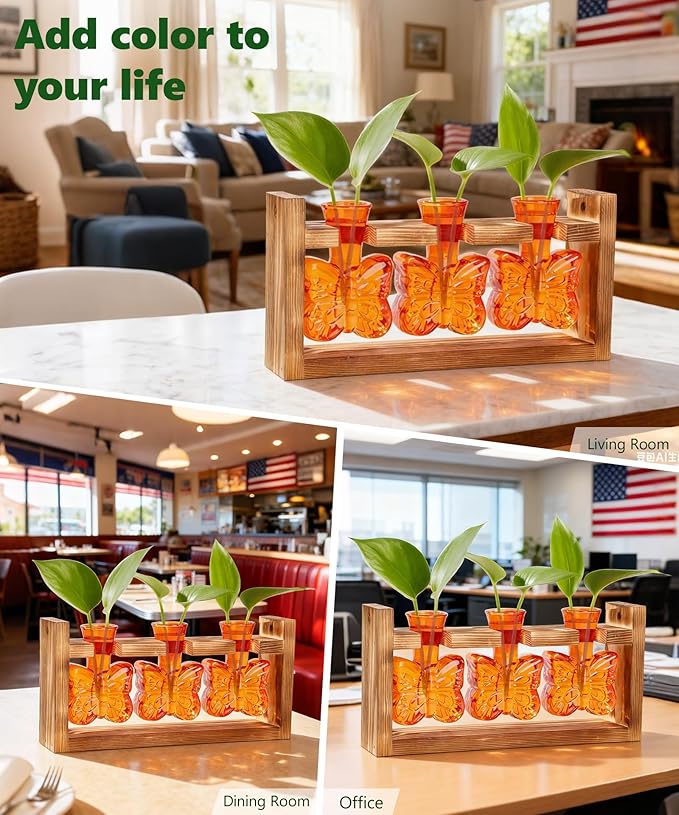 Nacome Plant Terrarium with Wooden Stand,Butterfly-Shaped Glass Vase Planter Propagation Station for Home Office Decor,Unique Gifts for Plant Lovers Women Mom(Orange)