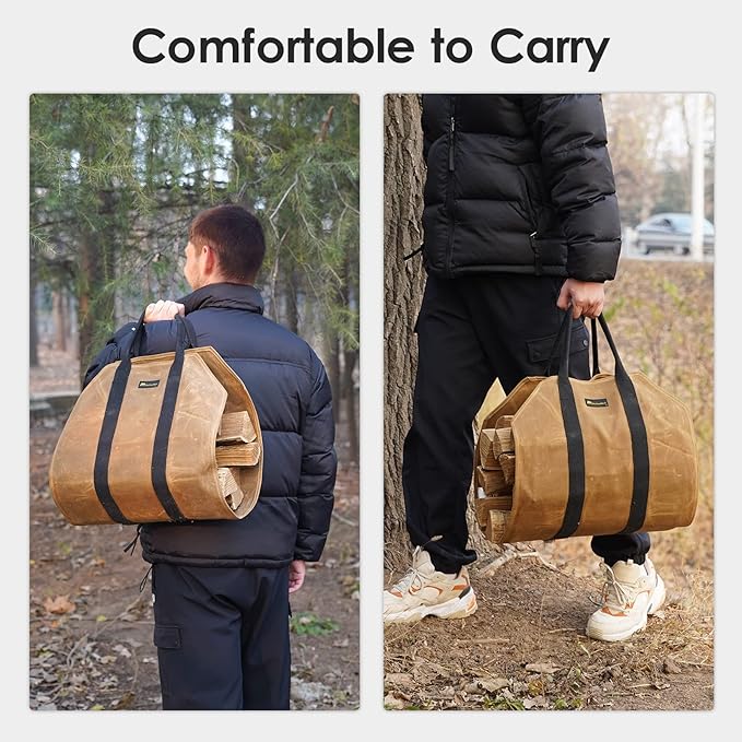 Sturdy Waxed Canvas Firewood Log Carrier, Durable Firepalce Wood Bag with Reinforce Duty Straps