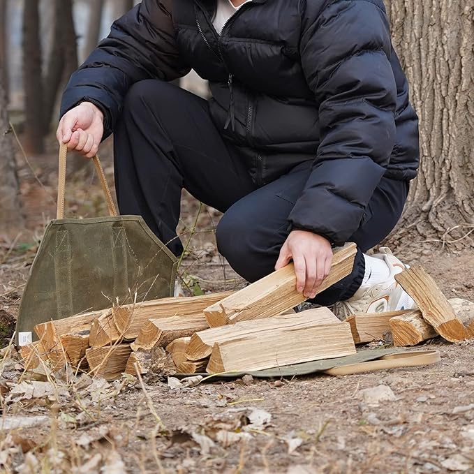 Sturdy Waxed Canvas Firewood Log Carrier, Durable Firepalce Wood Bag with Reinforce Duty Straps Green