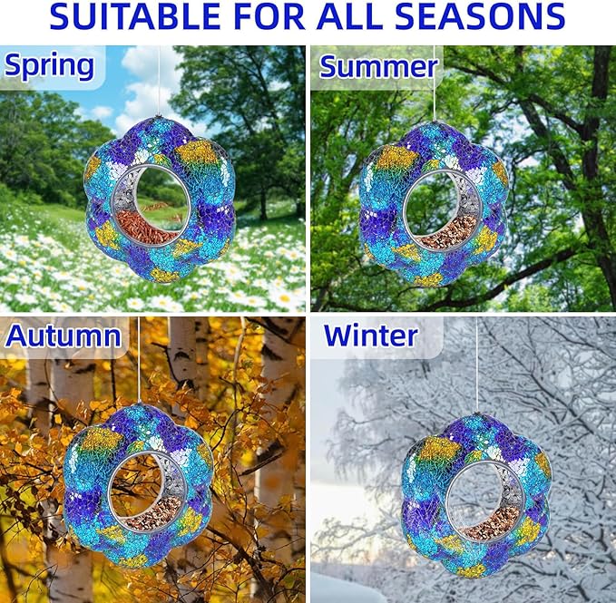 VOREEN Mosaic Bird Feeder, Fly Through Bird Feeders for Outdoor Hanging, Glass Wild Bird Feeder, for Garden Yard Backyard Deck and Porch, Gift for Mom Wife Friend, Blue Flower, 8"