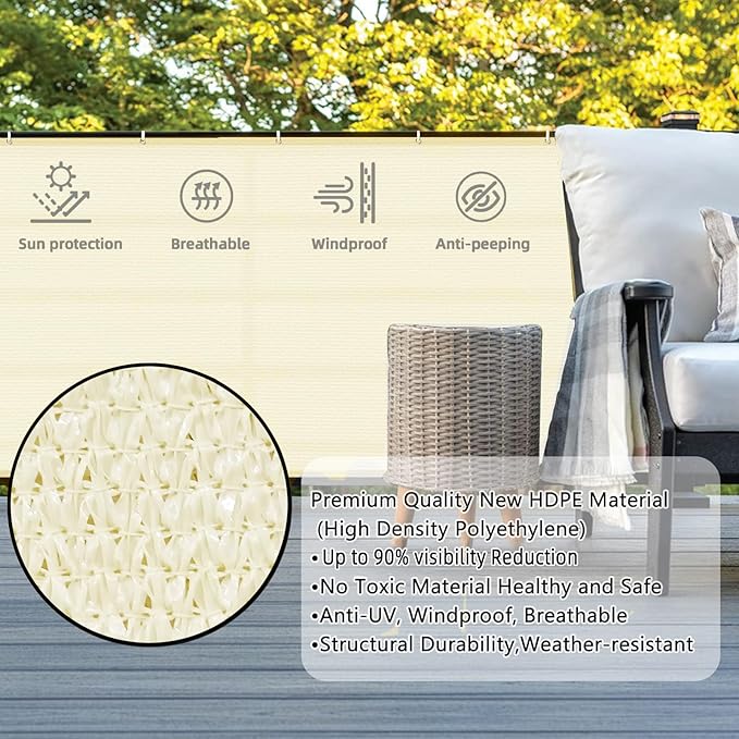 SUNLAX 3'x10' Butter Cream Balcony Privacy Screen Fence Windscreen Cover Fabric Shade Netting Mesh Cloth with Grommets UV Protection for Patio, Backyard, Porch, Railing Shield 90%
