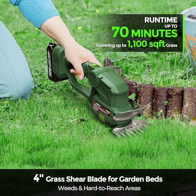 Cordless Hedge Trimmer with Battery - 2-in-1 21V Grass Shears Handheld, Electric Shrub Trimmer Kit for Garden, Yard and Lawn, Charger Included (Forest Green)
