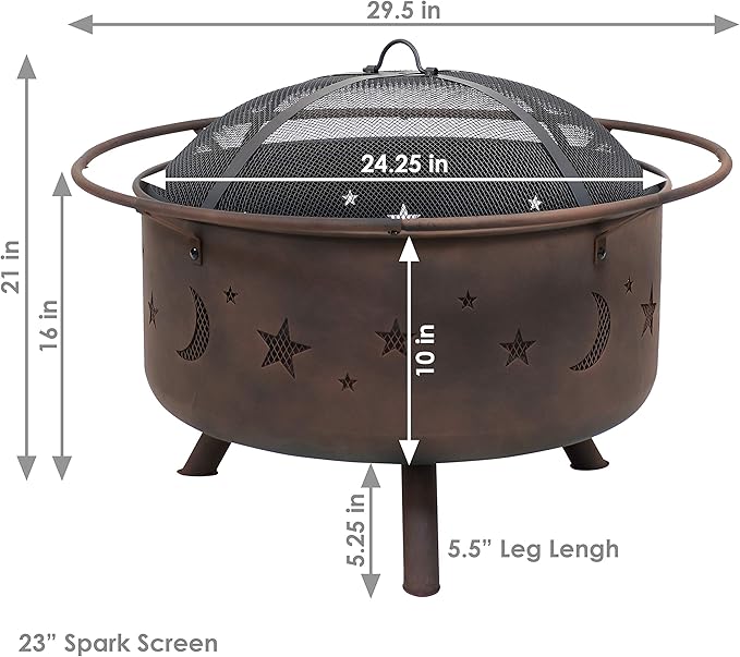 Sunnydaze Cosmic 30-Inch Outdoor Fire Pit - Wood Burning Fire Pit with Cooking BBQ Grill Grate, Spark Screen, and Fireplace Poker - Celestial Design