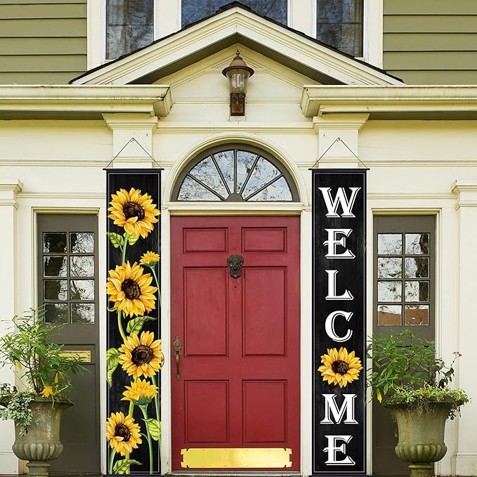 Tatuo Sunflower Welcome Hanging Banners Fall Porch Banners Flags Autumn Door Banner Thanksgiving Hanging Banner for Front Door Garden Home Yard Sunflower Party Decorations(Black Background)