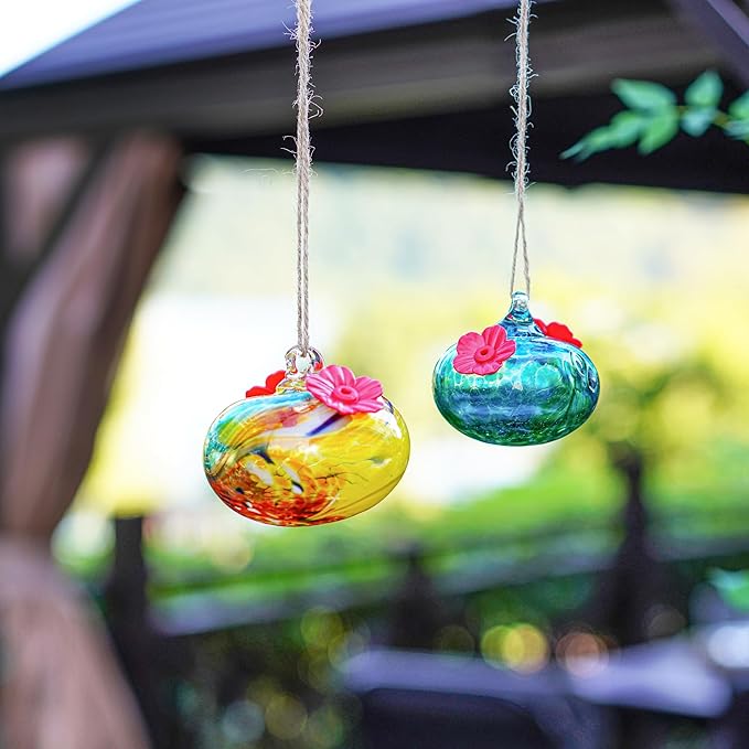 Pack 2 Blown Glass Hummingbird Feeders for Outdoors Small Glass Humming Bird Feeder for Window Hanging Ant and Bee Proof Humming Birds Feeders Decor for Garden Outside