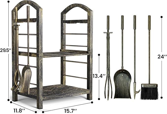 AMAGABELI GARDEN & HOME Firewood Rack Indoor with Tools 5-Piece Fireplace Tools Set Wood Holder Outdoor Wrought Iron Heavy Duty Firewood Storage Rack for Fireplace,Fire Pit,Wood Stove Bronze