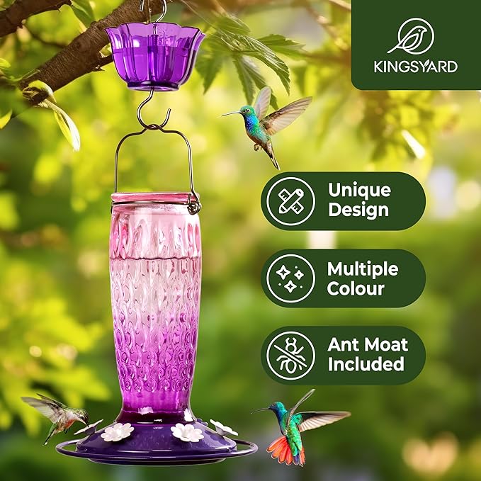 Kingsyard Hummingbird Feeders for Outdoors Hanging, 24 Ounce, Glass Hummingbird Feeder with Ant Moat & 6 Bee Guard Feeding Ports, Leak-Proof, Pink & Purple