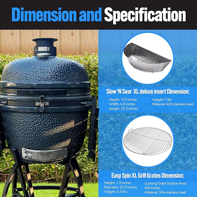 SnS Grills Slow ‘N Sear® 5-Piece Cooking System - Patented Charcoal Basket with Removeable Water Reservoir, EasySpin Grate, Drip Pan for Low ‘N Slow Smoking & Charcoal Grilling on Big Green Egg XL