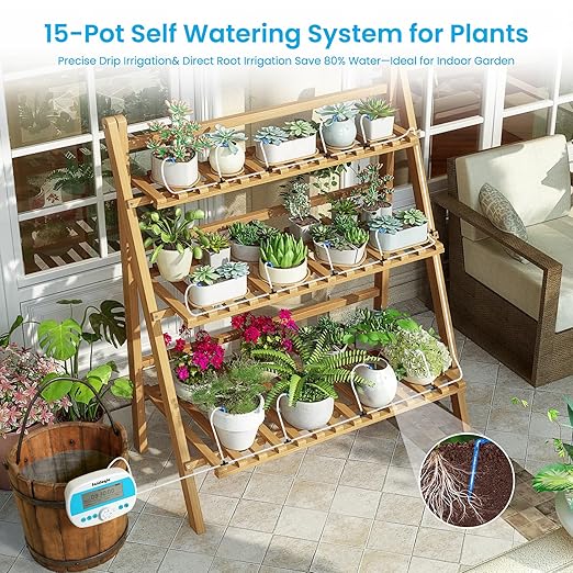 Sainlogic Automatic Plant Waterer for 15 Potted Plants, Smart Self Watering System with Humidity Monitor Display,Deep Root Irrigation, IP64 Programmable Timer for Vacation, Travel, Indoor Garden