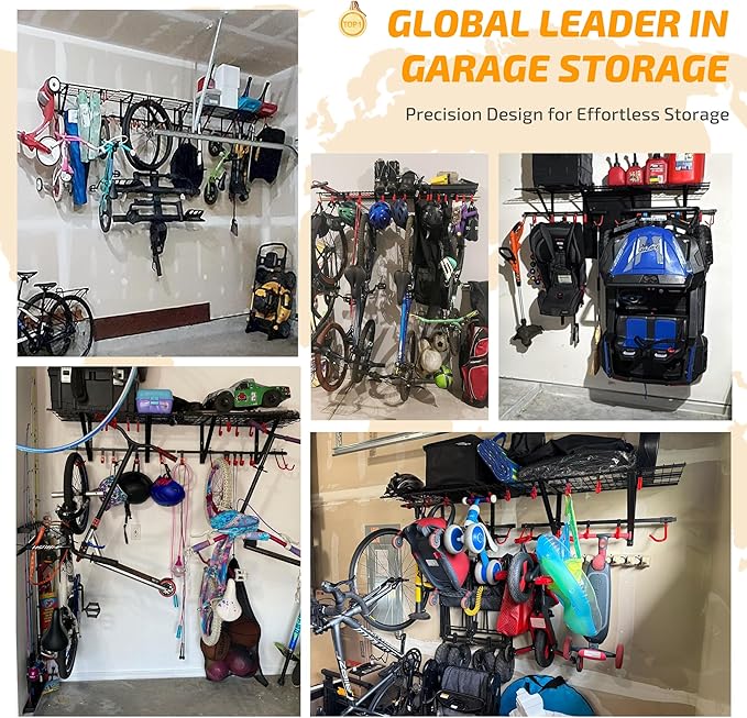 PLKOW Garage Wall Shelving Includes Bike Hooks, Sturdy Adjustable Garage Shelving Wall Mount Garage/Organizer (Black, 2-Pack)