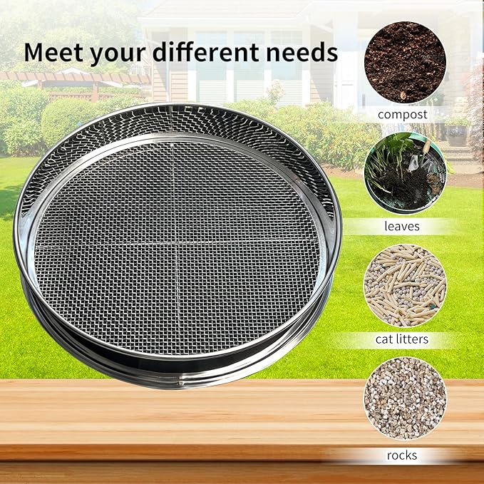 Soil Sifter for Gardening, 12 Inch Stainless Steel Soil Sifter with 4 Replaceable Fine Screens and Shovel, Sieve for Sand Rocks Dirt Compost