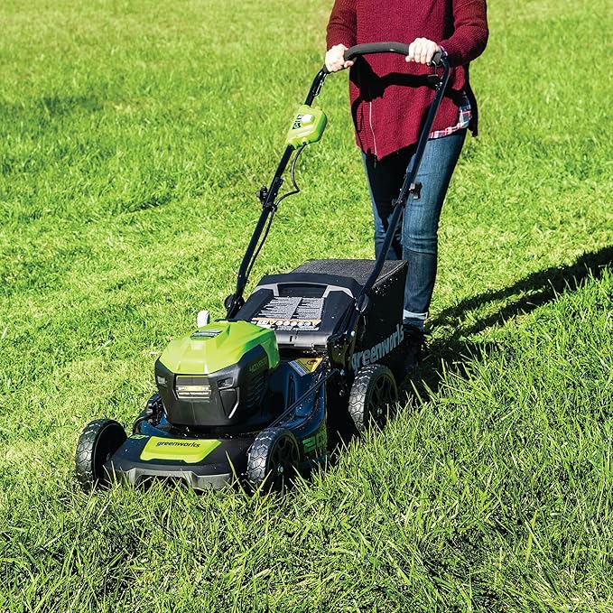 Greenworks 40V 20" Cordless Push Lawn Mower with Axial Leaf Blower(500 CFM / 120 MPH), 12" String Trimmer, 160 PSI Portable Tire Inflator, Includes 2 Batteries(5Ah+2Ah) & Chargers