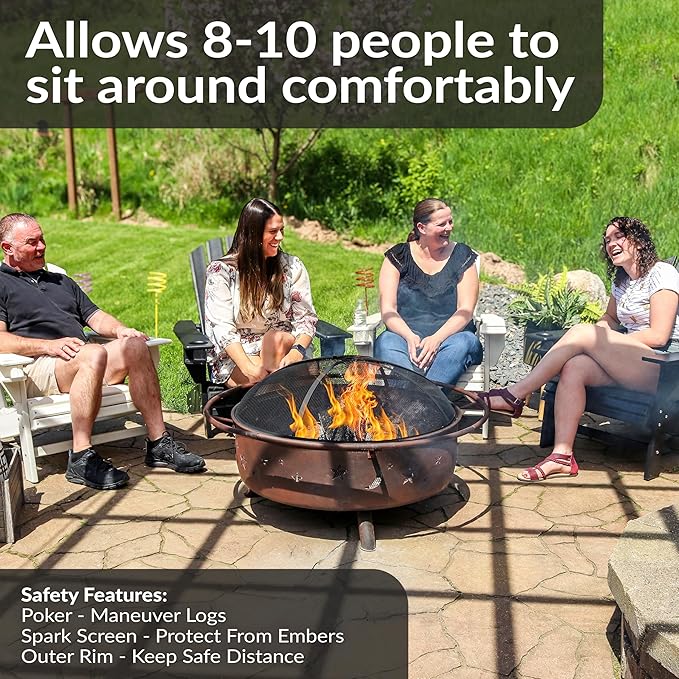 Sunnydaze Cosmic 42-Inch Large Outdoor Fire Pit - Wood-Burning Fire Pit with Round Spark Screen, Poker, and Built-in Grate